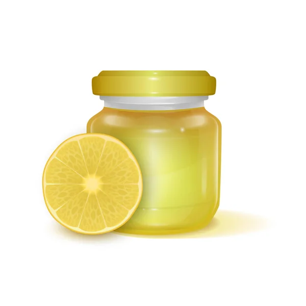 Tarro de vidrio con mermelada de limón sobre fondo claro, etiqueta para mermelada. Mockup para su marca realista vector EPS 10 ilustración — Vector de stock
