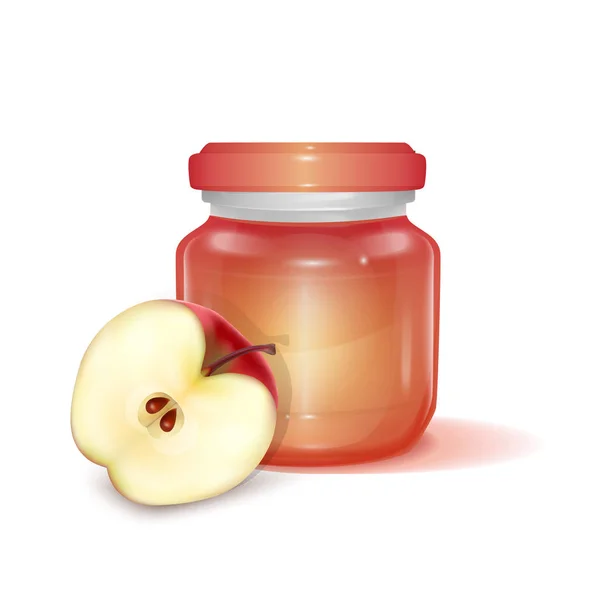 Vaso di vetro con marmellata di mele su sfondo chiaro, Etichetta per marmellata. Mockup per il vostro vettore realistico di marca EPS 10 illustrazione — Vettoriale Stock