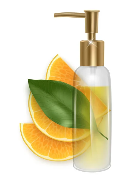 Slice of tangerine with a jar of oil on a white background, Bottle of essential aroma oil on orange slice, fresh leaves on white background, Vector EPS 10 illustration — Stock Vector