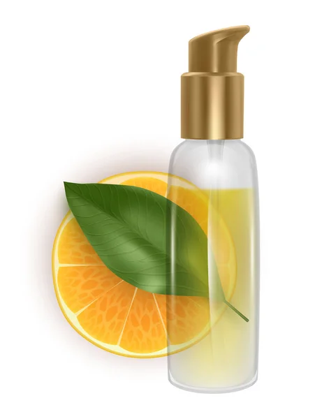 Slice of tangerine with a jar of oil on a white background, Bottle of essential aroma oil on orange slice, fresh leaves on white background, Vector EPS 10 illustration — Stock Vector