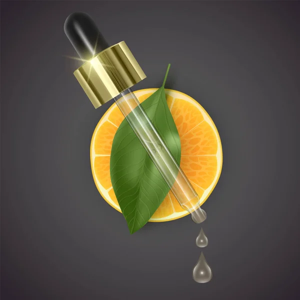 Pipeta con aceite de naranja en el fondo de rodajas de hoja de naranja y verde, pipeta realista con aceite de aroma esencial — Vector de stock