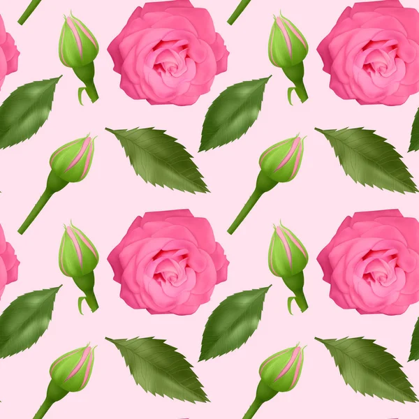 Nahtloses, endloses Muster mit Rosen und Blättern, leuchtend rosa Rosen und grünen Blättern auf nahtlosem Hintergrund, Design für Ihre Verpackung — Stockvektor