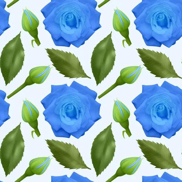 장미와 잎, 밝은 파란색 장미와 원활한 배경에 녹색 잎, 포장을위한 디자인과 원활하고 끝없는 패턴. 벡터 일러스트레이션 — 스톡 벡터