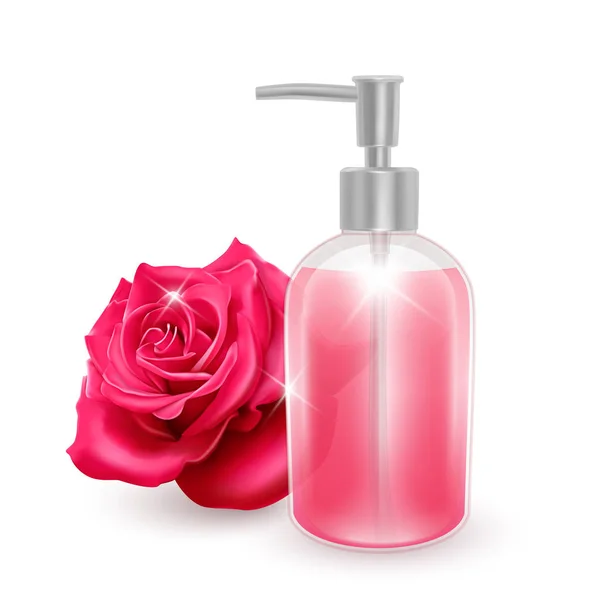 Un frasco de champú o jabón líquido con el aroma de rosas, botella de champú realista y rosa rosa sobre fondo blanco, banner cosmético de productos para la salud . — Archivo Imágenes Vectoriales