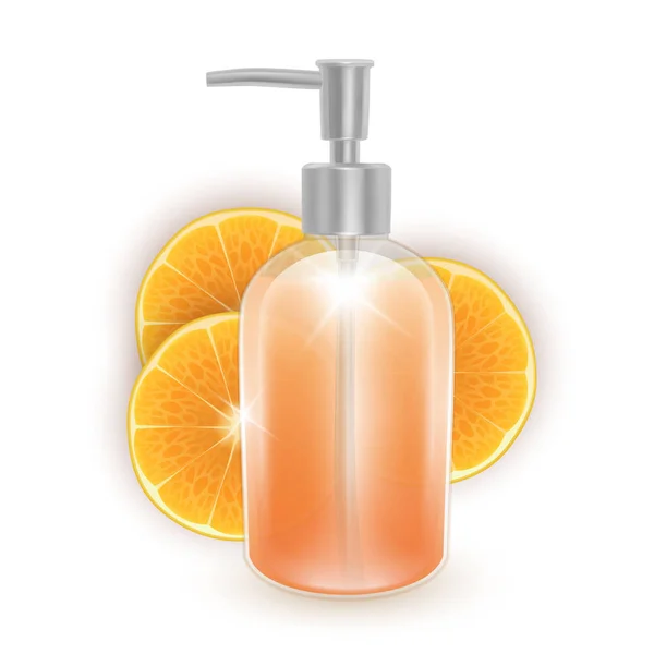 A jar of shampoo or liquid soap with the scent of oranges, realistic shampoo bottle and slices of oranges on white background, cosmetic product healthcare banner. Vector EPS 10 — Stock Vector