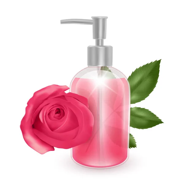 Um frasco de xampu ou sabão líquido com o cheiro de rosas, garrafa de xampu realista e rosa no fundo branco, banner de cuidados de saúde produto cosmético . — Vetor de Stock