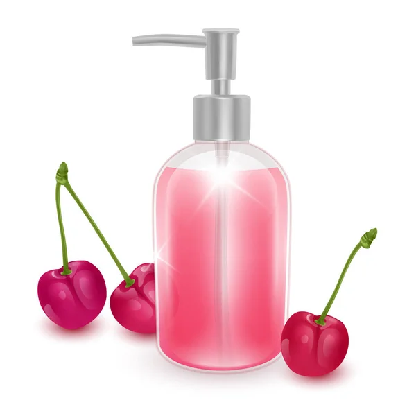 Un frasco de champú o jabón líquido con aroma a cereza, botella de champú realista y cerezas rojas sobre fondo blanco, banner cosmético para la atención médica . — Vector de stock