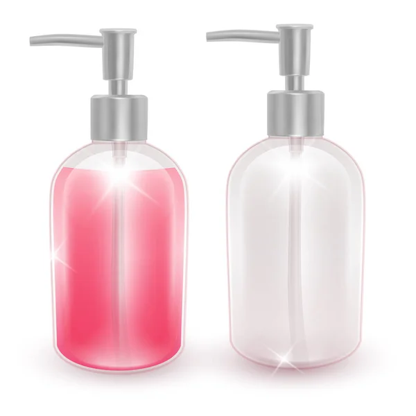 在白色背景上用液体肥皂或洗发水罐，一个装有粉红色液体的小瓶和空罐子，这是您品牌的模板。Realistik 矢量插图 — 图库矢量图片