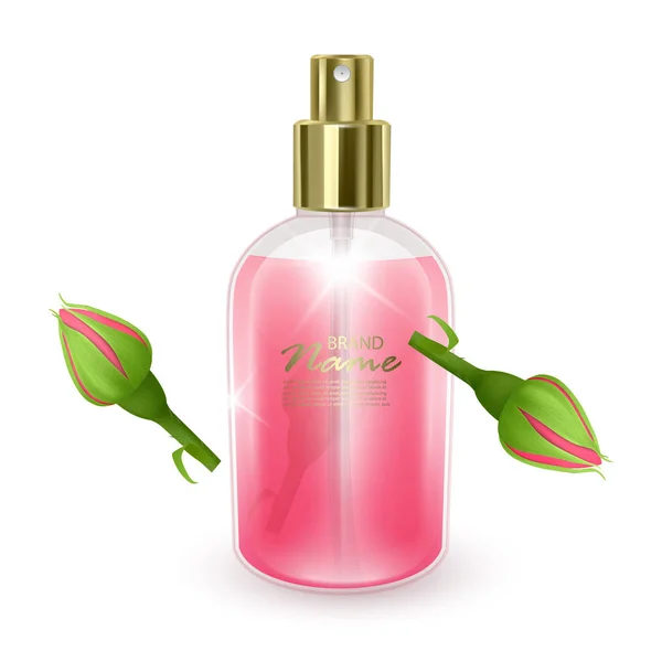 Jar met roze parfum op een rode rozen achtergrond, realistische fles met dispenser, vector illustratie — Stockvector