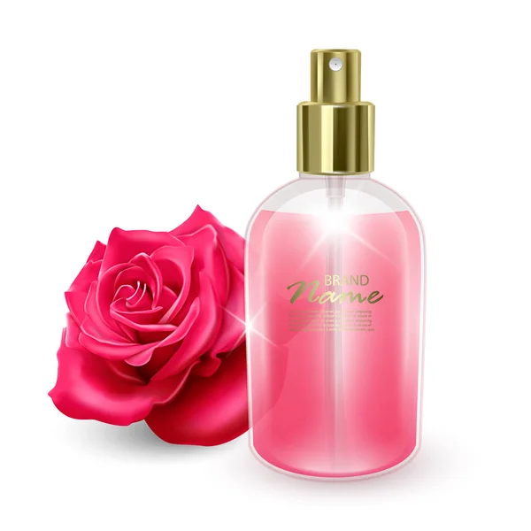 与粉红色的香水在红色玫瑰背景，逼真的瓶子与分配器，矢量插图的罐子 — 图库矢量图片