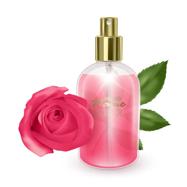 Frasco com perfume rosa sobre fundo rosa vermelho, garrafa realista com dispensador, ilustração vetorial — Vetor de Stock