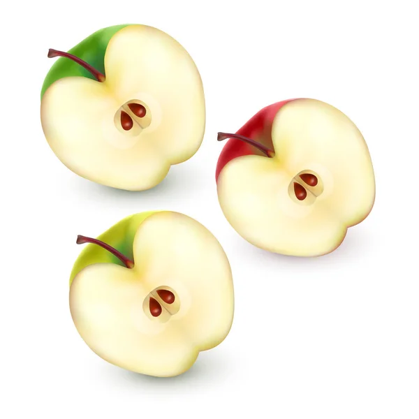 Набор Apple половинки на белом фоне, векторная иллюстрация с Apple ломтиками красного, зеленого и желтого цветов — стоковый вектор