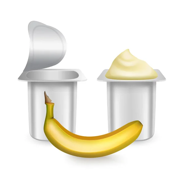 Набор белых матовых пластиковых горшков для йогурта, сливок, десерта или варенья. Фотографический макет упаковки искушает. йогуртовый крем со свежим бананом на белом фоне, вектор EPS 10 — стоковый вектор