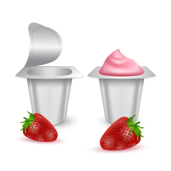 Set aus weißen, matten Kunststofftöpfen für Joghurt, Sahne, Dessert oder Marmelade. Fotorealistische Verpackungsmockup-Vorlage. Joghurtcreme mit frischen Erdbeeren isoliert auf weißem Hintergrund, Vektor eps 10 — Stockvektor