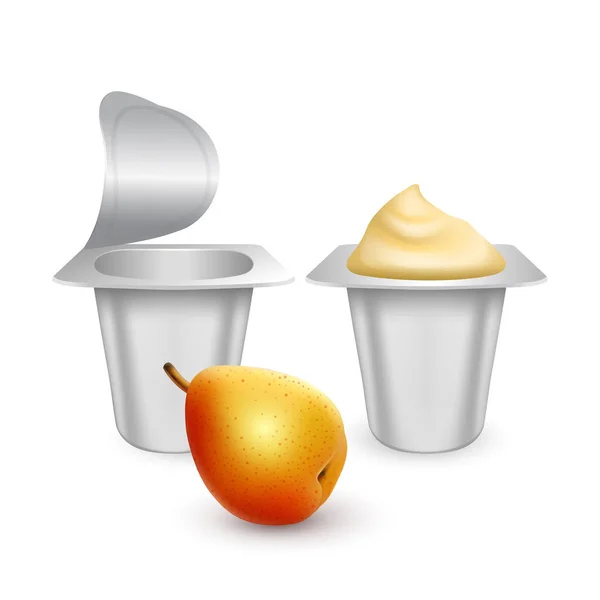 Set van witte matte kunststof potten voor yoghurt, room, dessert of jam. Photorealistische verpakking mockup sjabloon. yoghurt crème met verse peer geïsoleerd op witte achtergrond, Vector EPS 10 — Stockvector