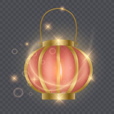 Şenlikli Çin kırmızı fener şablonu, lamba şeffaf arka plan üzerinde izole parlayan yıldızlarla çevrili. Çin kültürünün 3d sembolü. Vektör çizimi