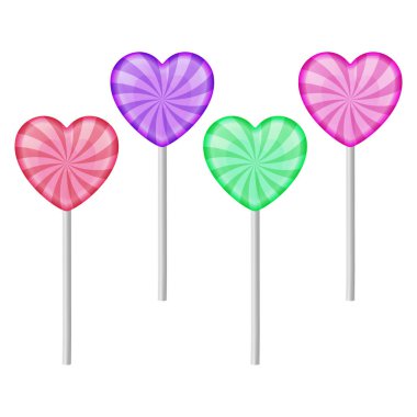 Beyaz arka plan üzerinde 4 tatlı gerçekçi renkli lolipop seti. Kalp şekli tatlı lolipoplar. Vektör çizimi.