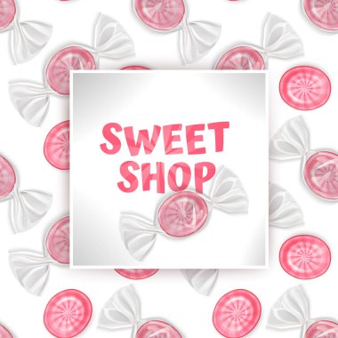 Candy Sweet mağaza şablonu, Dikişsiz tebrik kartı, tatlılar ile sonsuz arka plan. Poster veya afiş için arka plan, vektör çizimi