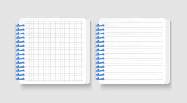 Gerçekçi not defterleri seti İleti şablonları, Okul not defteri, dikey kağıt levha yazmak için hücrede çizgiler ve not defteri ile boş yastıklı sketchbook. Vektör Eps 10 illüstrasyon