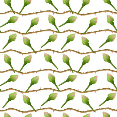 Güller ve dikenler, beyaz arka plan üzerinde güller, ambalaj için tasarım ile dikişsiz, sonsuz desen. Vektör çizimi