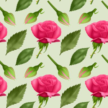 Gül ve yapraklar, parlak pembe güller ve yeşil yapraklar dikişsiz arka plan, ambalaj için tasarım ile dikişsiz, sonsuz desen