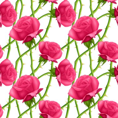 Gül ler ve dikenler ile dikişsiz, sonsuz desen, beyaz arka plan üzerinde parlak pembe güller, ambalaj için tasarım. Vektör çizimi