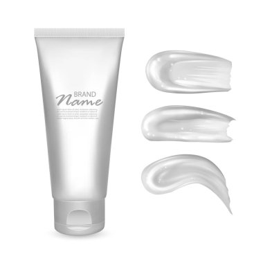 Kozmetik ambalaj tasarımı, smear inme ile Beyaz krem tüp. Kozmetik mock up, Güzellik cilt bakım ürünleri vektör illüstrasyon markaiçin şablon
