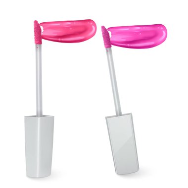 Pembe renk sıvı ruj, Dudak parlatıcı, fırça ve beyaz arka plan üzerinde ruj yayma, dekoratif kozmetik tanıtımı için broşürler için kullanılabilir, Vektör Eps 10 illüstrasyon