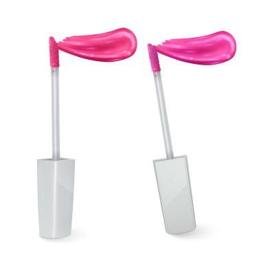 Pembe renk sıvı ruj, Dudak parlatıcı, fırça ve beyaz arka plan üzerinde ruj yayma, dekoratif kozmetik tanıtımı için broşürler için kullanılabilir, Vektör Eps 10 illüstrasyon