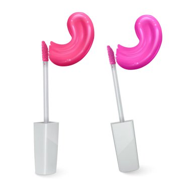 Pembe renk sıvı ruj, Dudak parlatıcı, fırça ve beyaz arka plan üzerinde ruj yayma, dekoratif kozmetik tanıtımı için broşürler için kullanılabilir, Vektör Eps 10 illüstrasyon