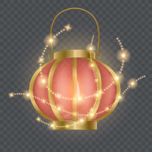 Modelo de lanterna vermelha chinesa festiva, lâmpada cercada por estrelas brilhantes isoladas em fundo transparente. 3d símbolo da cultura chinesa. Ilustração vetorial — Vetor de Stock