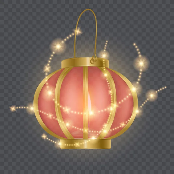 Feestelijke Chinese rode lantaarn sjabloon, lamp omringd door glanzende sterren geïsoleerd op transparante achtergrond. 3D-symbool van de Chinese cultuur. Vector illustratie — Stockvector