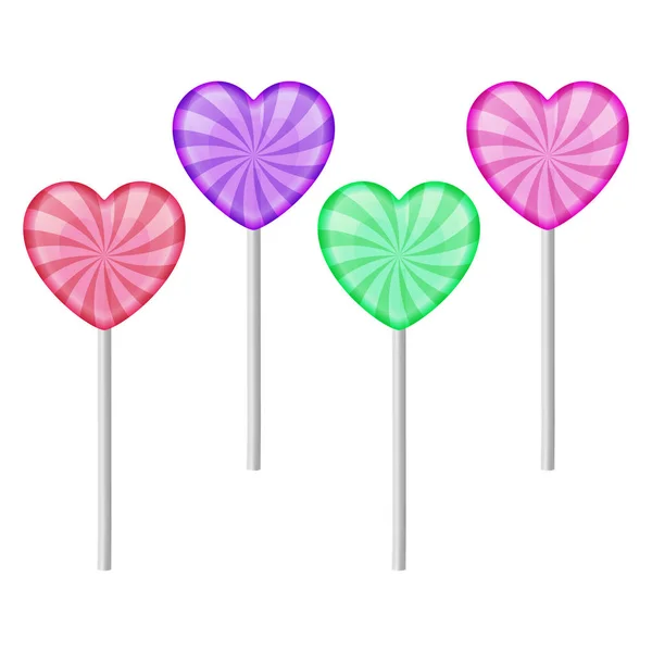 Set of 4 sweet realistic colorful lollipops on white background. Sweet lollipops of heart shape. Vector illustration. — Stock Vector