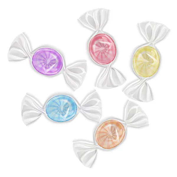 Conjunto de doces no fundo branco, doces duros coloridos, doces pirulitos formas redondas. Ilustração vetorial —  Vetores de Stock