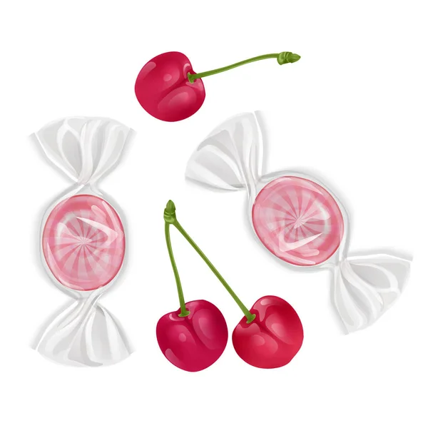 Ensemble de bonbons sur fond blanc, bonbons durs, Sucettes sucrées forme ronde avec saveur de cerise. Illustration vectorielle — Image vectorielle