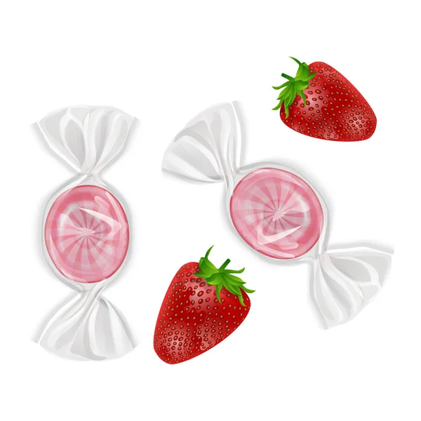 Set van snoep op witte achtergrond, Hard Candy, zoete lollies ronde vorm met aardbei smaak. Vector illustratie — Stockvector