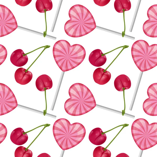 Zökkenőmentes, végtelen mintázat édes reális színes nyalókák alakú szív és piros cseresznye. Zökkenőmentes háttér, design a csomagolás édesség. Vector EPS 10 illusztráció — Stock Vector