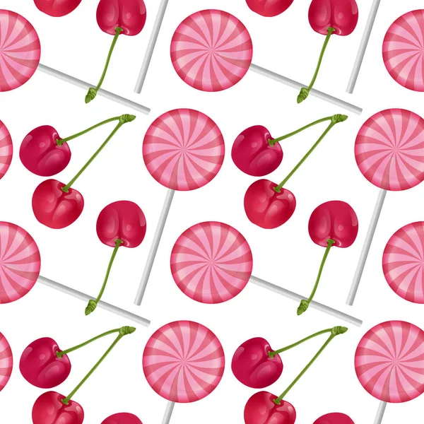 Zökkenőmentes, végtelen mintázat édes reális színes nyalókák kerek alakú és piros cseresznye. Zökkenőmentes háttér, design a csomagolás édesség. Vector EPS 10 illusztráció — Stock Vector