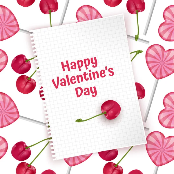 Wenskaart Happy Valentine's Day, kaart met naadloze, eindeloze achtergrond met snoep en rode kersen. Achtergrond voor poster of banner, vector illustratie — Stockvector