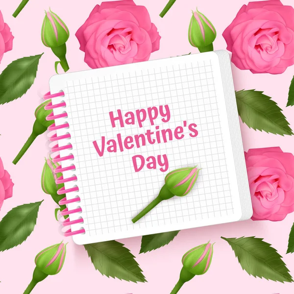Cartão Feliz Dia dos Namorados, cartão com fundo sem costura e sem fim com rosas rosa brilhantes e folhas verdes. Fundo para cartaz ou banner, ilustração vetorial — Vetor de Stock