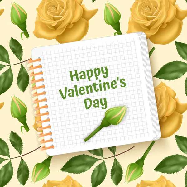 Wenskaart Happy Valentine's Day, kaart met naadloze, eindeloze achtergrond met felle gele rozen en groene bladeren. Achtergrond voor poster of banner, vector illustratie — Stockvector