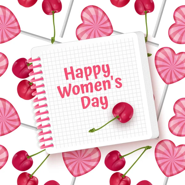 Carte de voeux Happy Women's Day, carte avec fond sans couture et sans fin avec des bonbons et des cerises rouges. Arrière-plan pour affiche ou bannière, illustration vectorielle — Image vectorielle