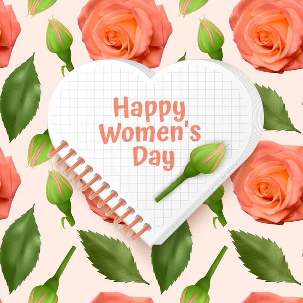 Поздравительная открытка Happy Women 's Day, открытка с бесшовным, бесконечным фоном с ярко-оранжевыми розами и зелеными листьями. фон для плаката или баннера, векторная иллюстрация — стоковый вектор