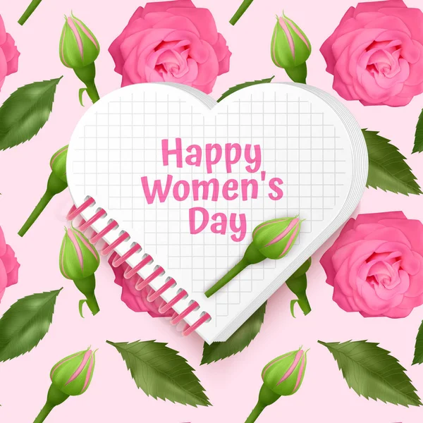 Carte de voeux Happy Women's Day, carte avec fond sans couture et sans fin avec des roses rose vif et des feuilles vertes. Arrière-plan pour affiche ou bannière, illustration vectorielle — Image vectorielle