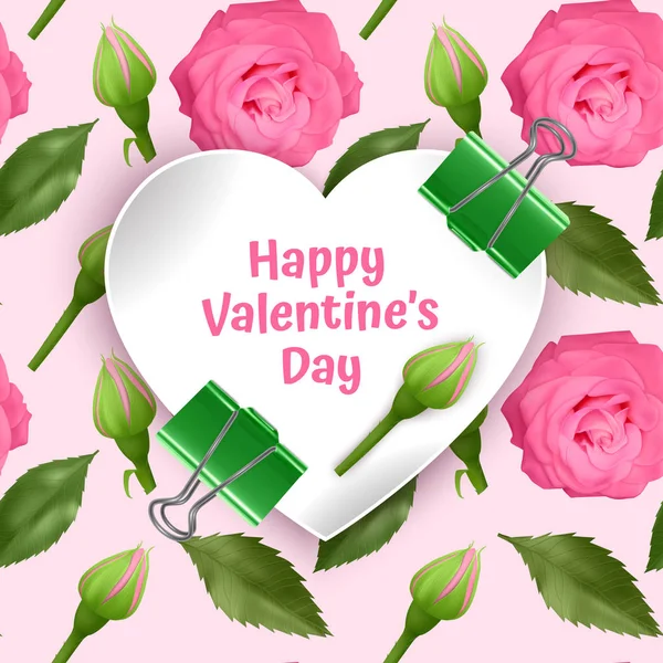 Greeting card Happy Valentine's Day, card with Seamless, endless background with bright pink roses and green leaves. Background for poster or banner, vector illustration