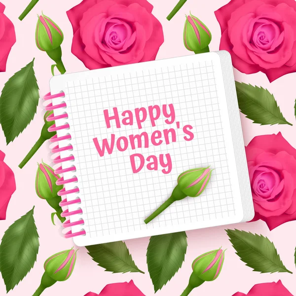 Tarjeta de felicitación Feliz Día de la Mujer, tarjeta con fondo sin costuras, sin fin con rosas rosadas brillantes y hojas verdes. Fondo para cartel o banner, ilustración vectorial — Vector de stock