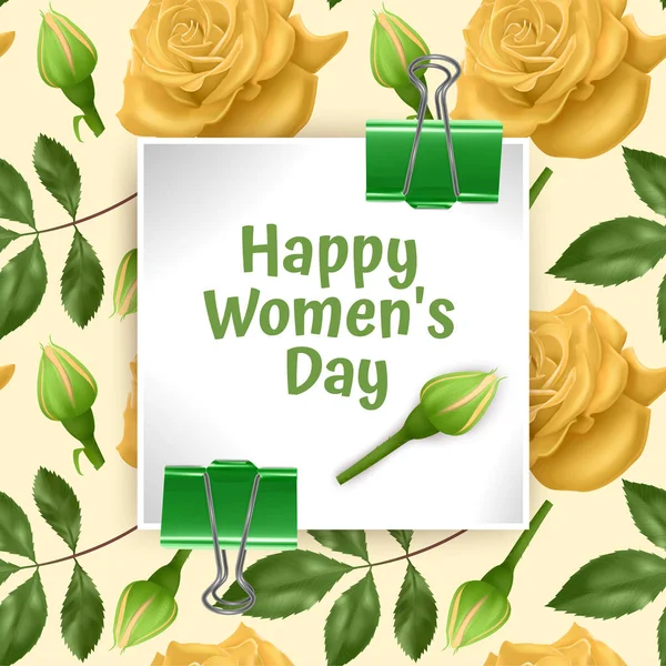 Tebrik kartı Happy Women's Day, Dikişsiz, parlak sarı gül ve yeşil yaprakları ile sonsuz arka plan ile kart. Poster veya afiş için arka plan, vektör çizimi — Stok Vektör