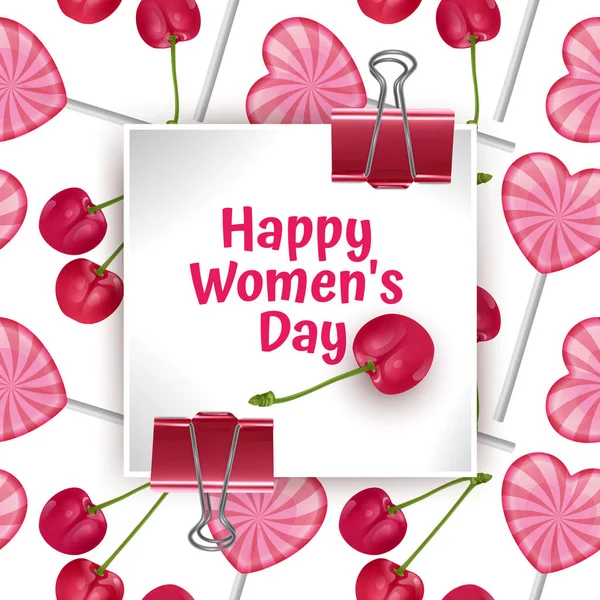 Carte de voeux Happy Women's Day, carte avec fond sans couture et sans fin avec des bonbons et des cerises rouges. Arrière-plan pour affiche ou bannière, illustration vectorielle — Image vectorielle