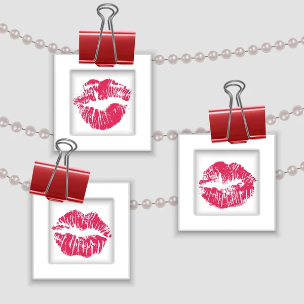 Photo frames fixed on a rope of pearls, frames with the print of kisses. Postcard for your text or photo — Stock Vector