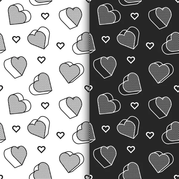 Conjunto de patrones sin costuras, interminables con elementos gráficos con forma de corazones en estilo pop art. Patrones sin costura en fondo blanco y negro, se puede utilizar para fondos de pantalla, carteles, papel de envolver . — Vector de stock